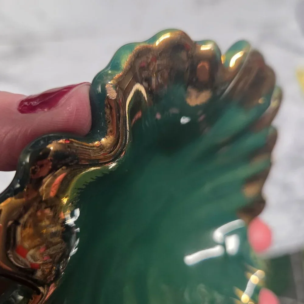 Vintage Unbranded Dark Green Gold Scalloped Edge Footed Trinket Soap Dish